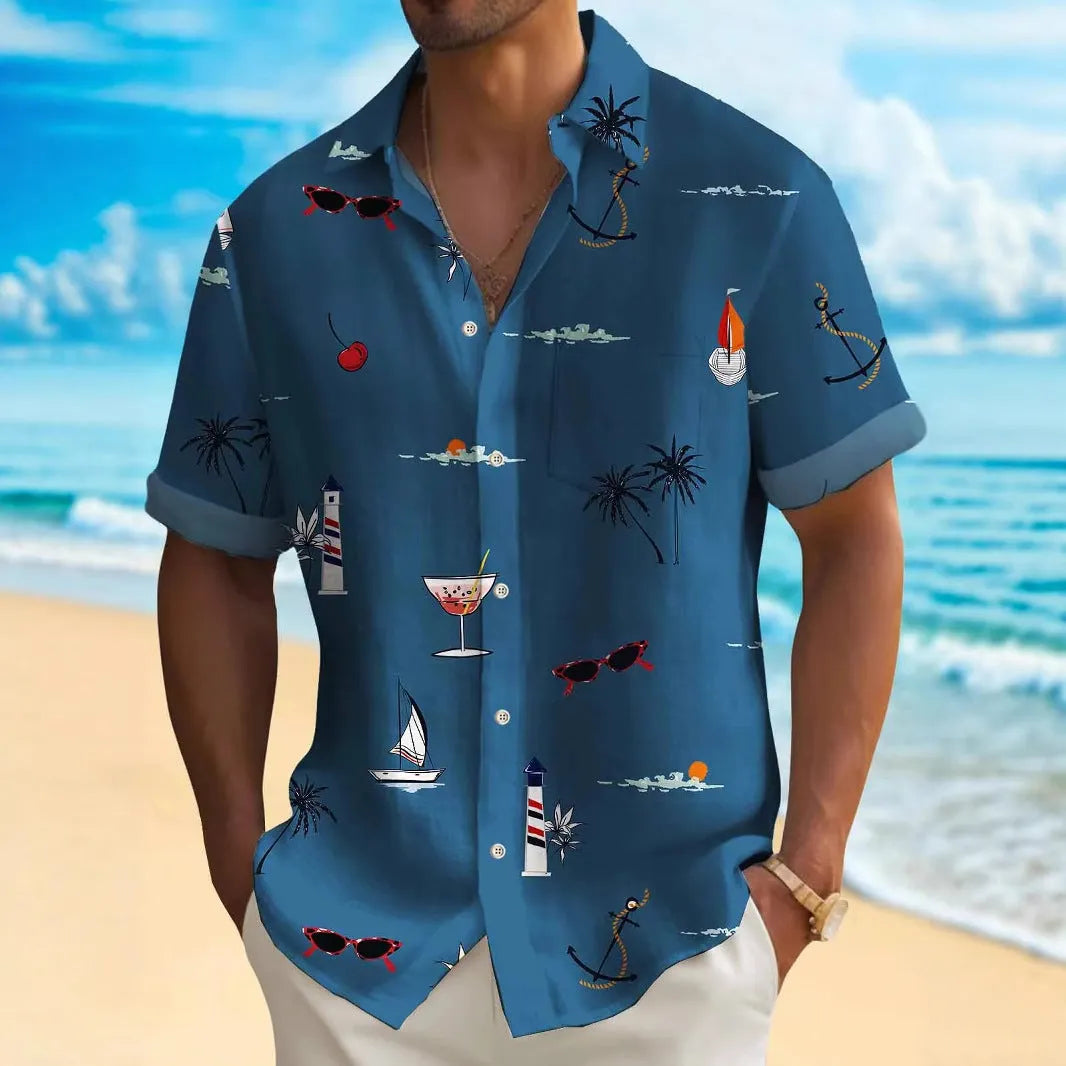 Man wearing a loose-fit, short-sleeve Hawaiian shirt with a vibrant digital print pattern.