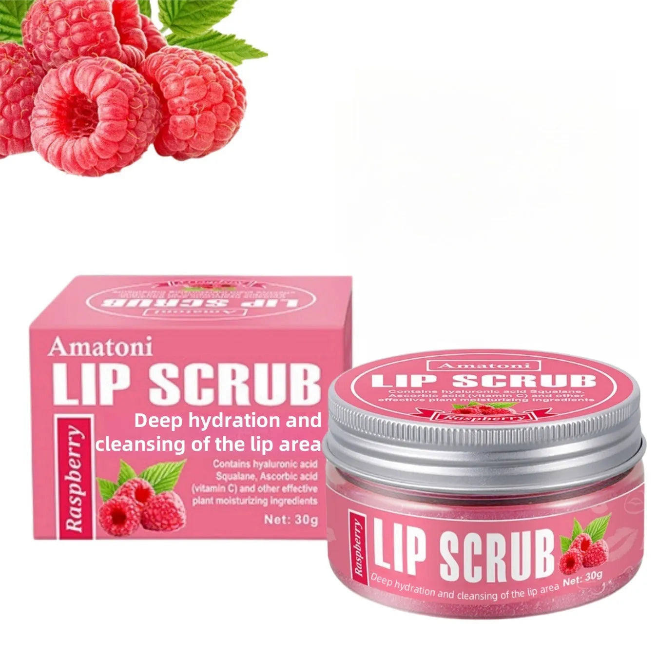 Amatoni Lip Scrub cream in 30g container with coconut raspberry vanilla watermelon flavour options
