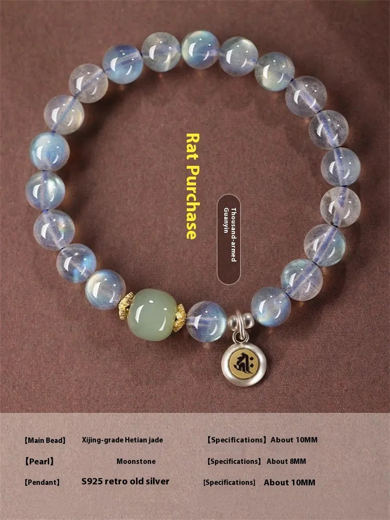 Birth Buddha Beads moonstone bracelet with 8mm beads featuring Thousand-Hand Kwan-yin mouse design