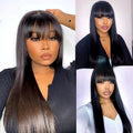 Natural colour human hair full-mechanism wig with straight fringe, no lace, available in multiple lengths from 8 to 32 inches