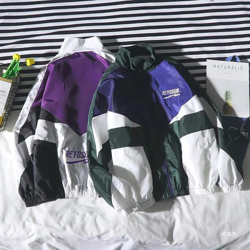 Men's green hip hop autumn jacket with cotton blend fabric, loose fit, and side seam pockets on a model