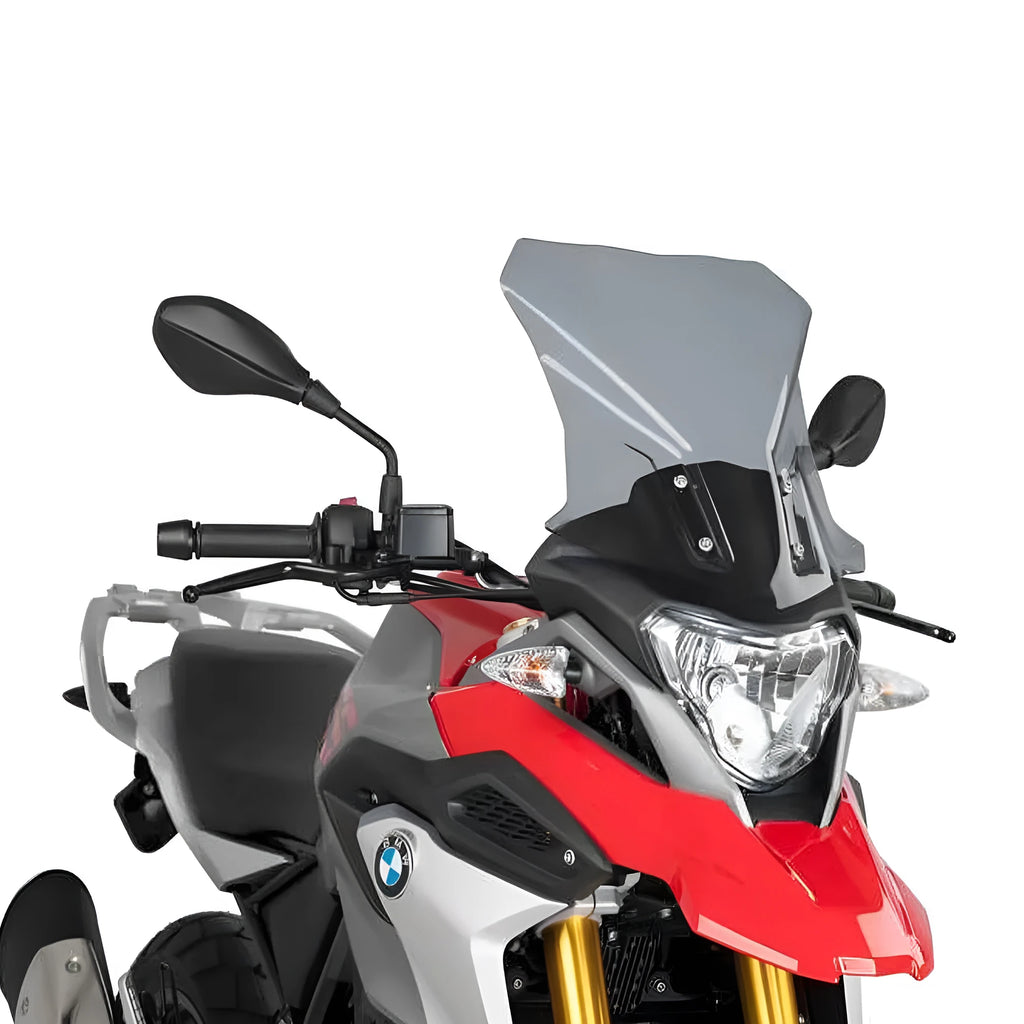 Transparent gray motorcycle windshield shroud for BMW G310GS, side view installed on bike