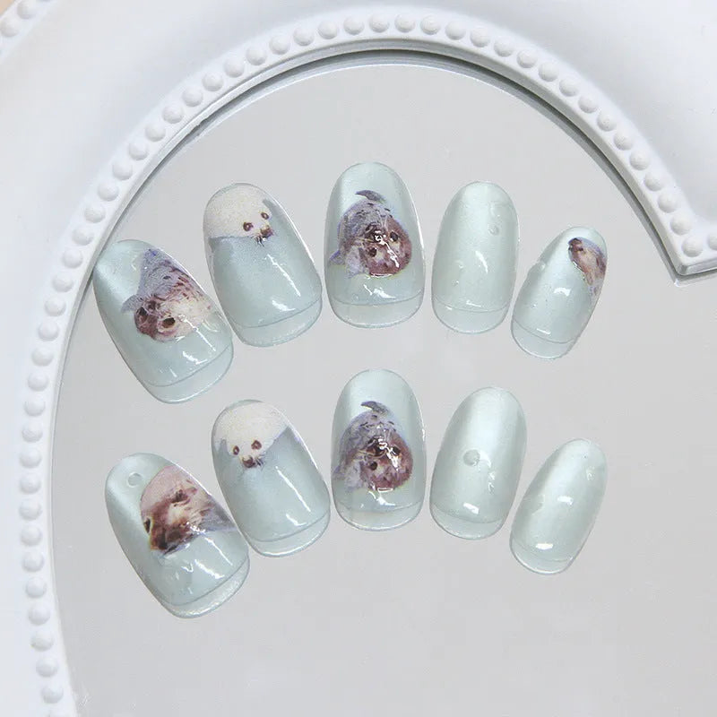 Cat eye summer ocean false nails in short oval shape with glue, detachable patch set for ladies