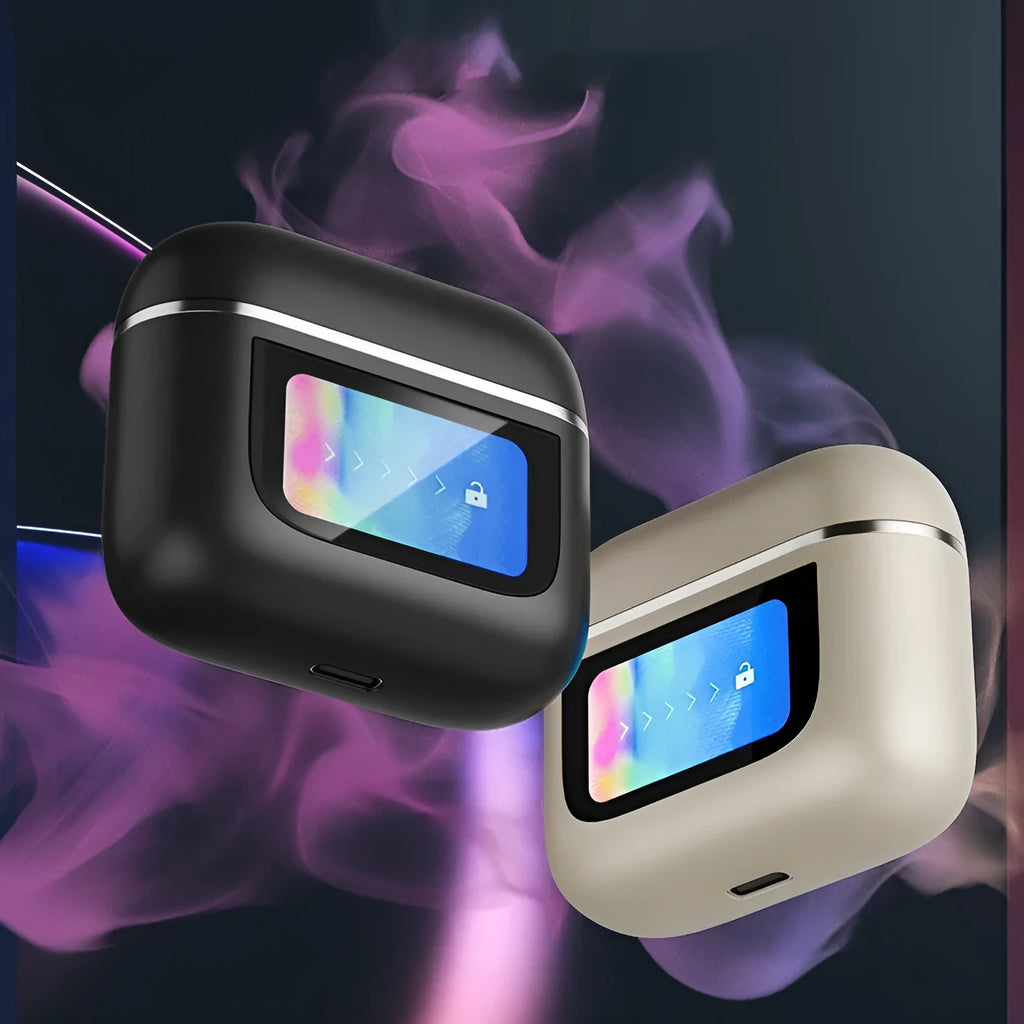 Close-up of a black in-ear Bluetooth headset with a small touch screen on the earpiece.