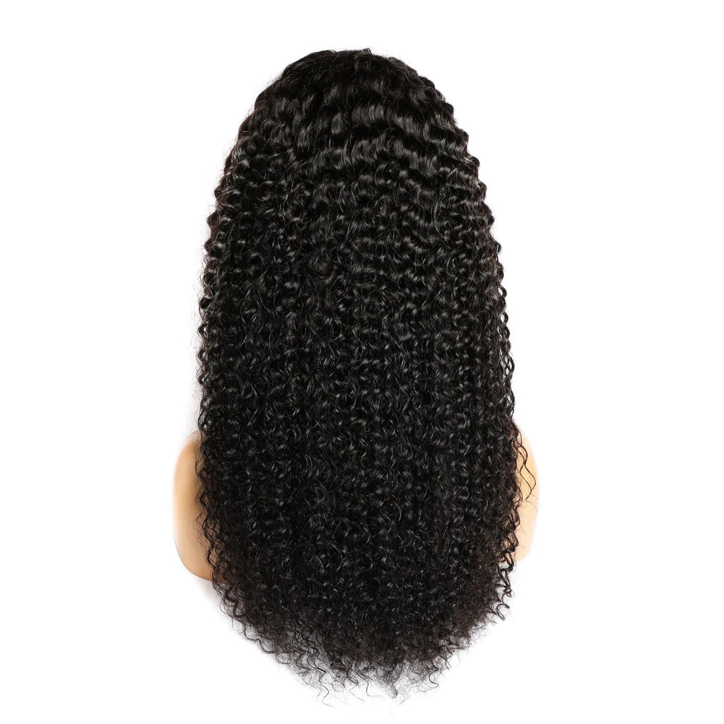 Curly human hair lace front wig shown in a natural shade, demonstrating its length and volume.