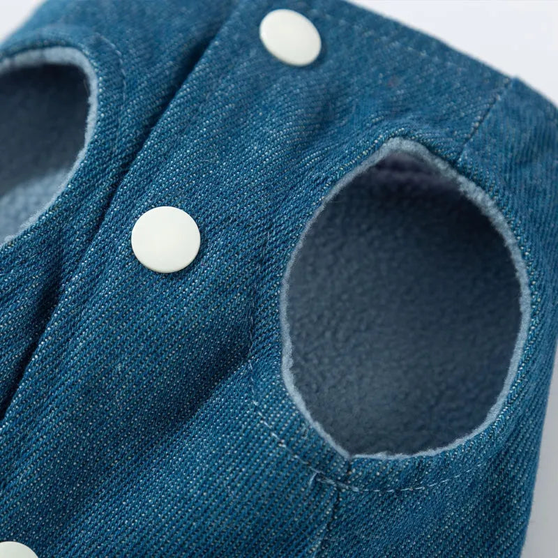 Blue 3D deer denim pet vest with polar fleece lining and leash hook for small dogs and cats