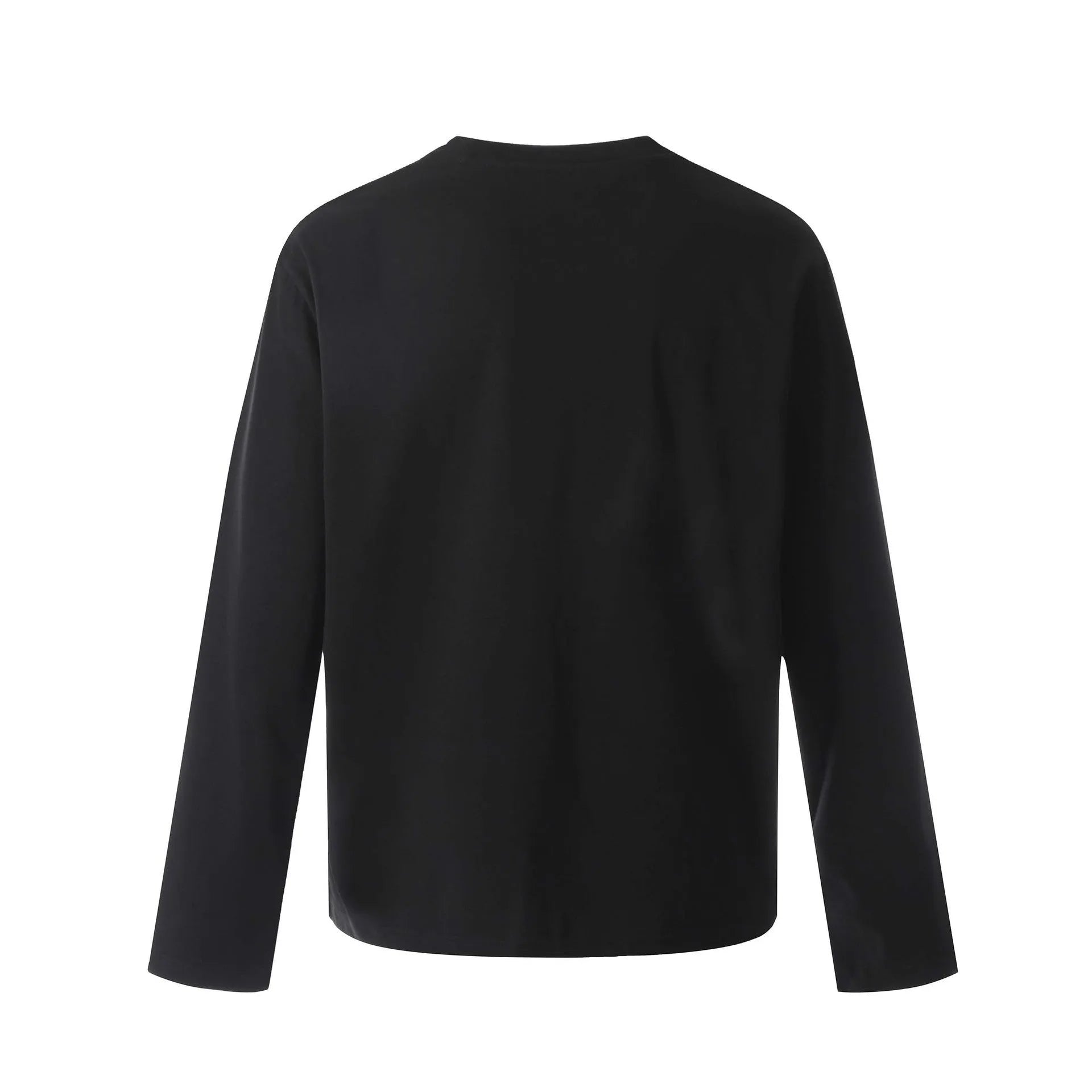 Man wearing a loose-fit black cotton pullover sweatshirt with long sleeves in a retro style.
