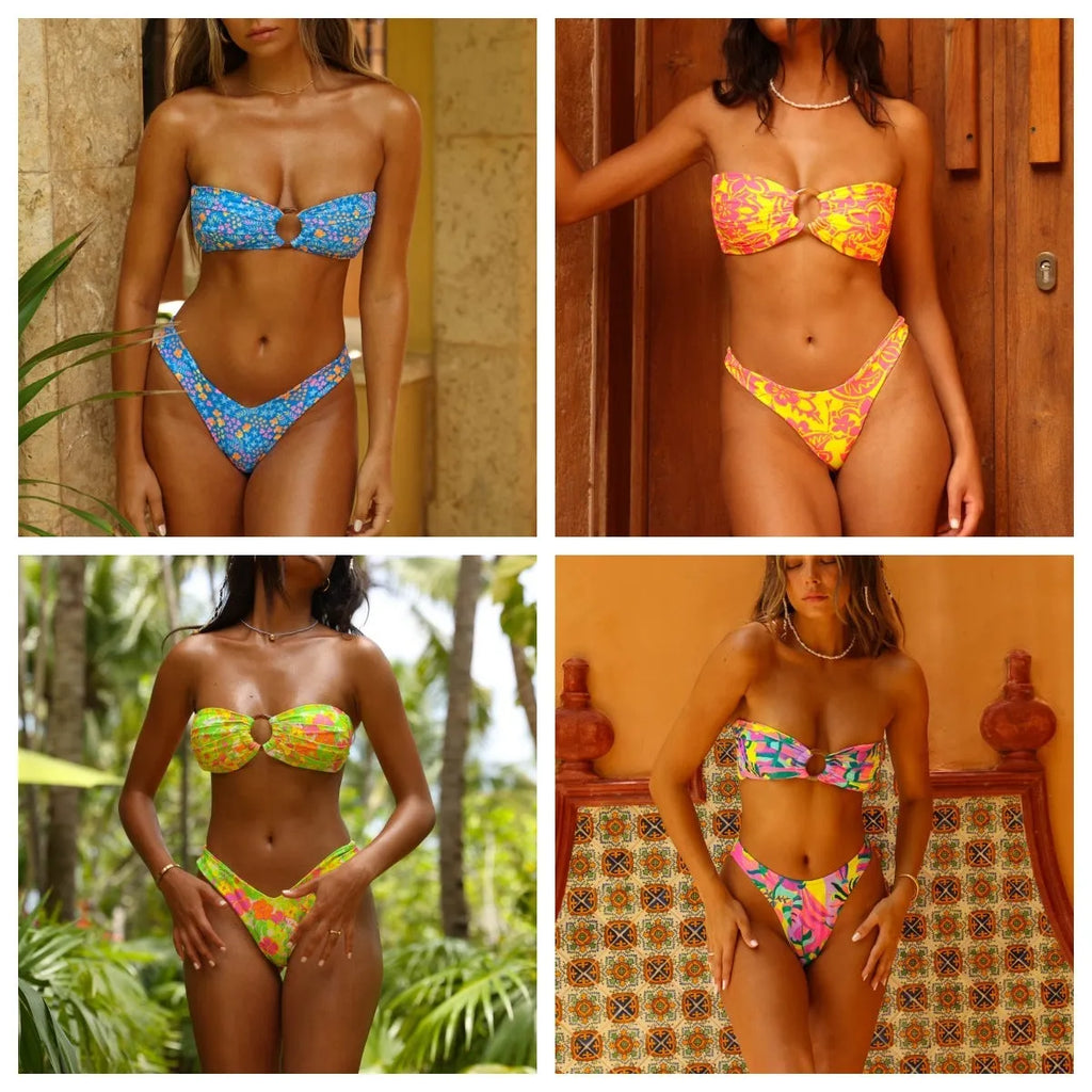 Women's split printed bikini swimsuit in blue, yellow, grass green or pink, sizes S to L, polyester two-piece