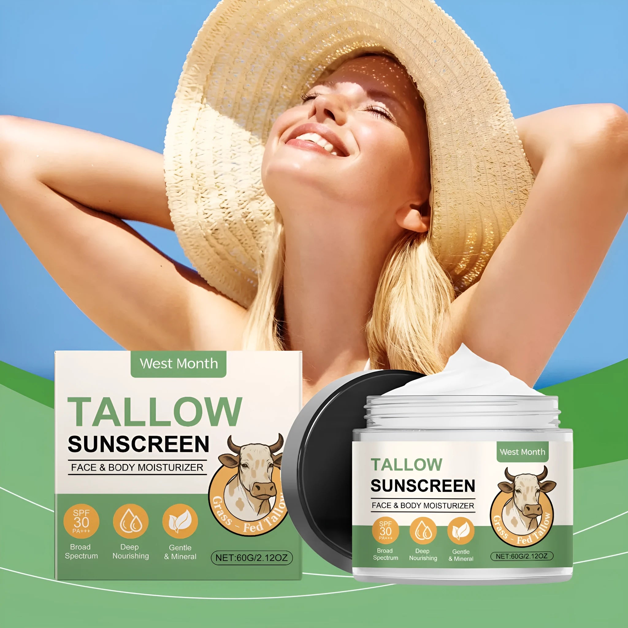 SPF 50+ sunscreen cream tube with hyaluronic acid and lemon extract, 60g non-oily formula