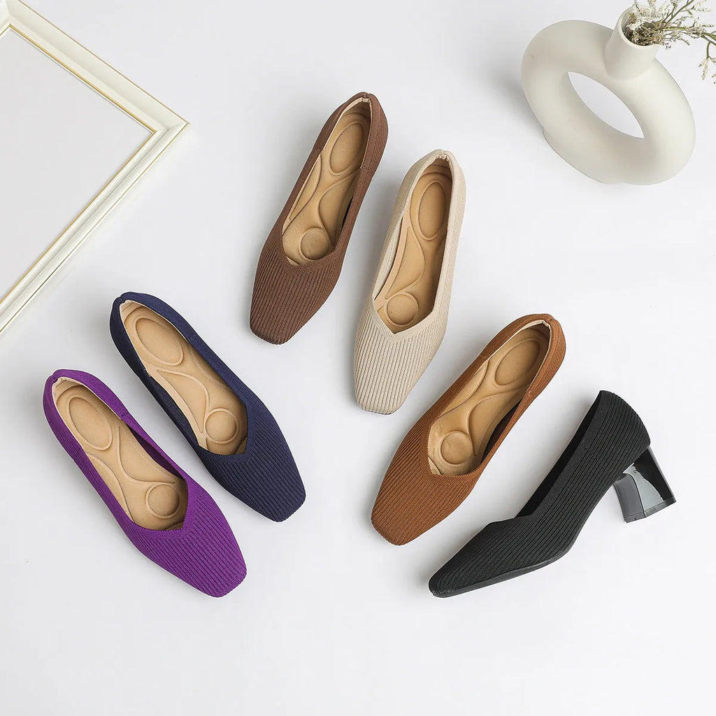 Women's thick head stiletto knitted shoes with block heel, square toe, and mid-heel height, available in multiple colours