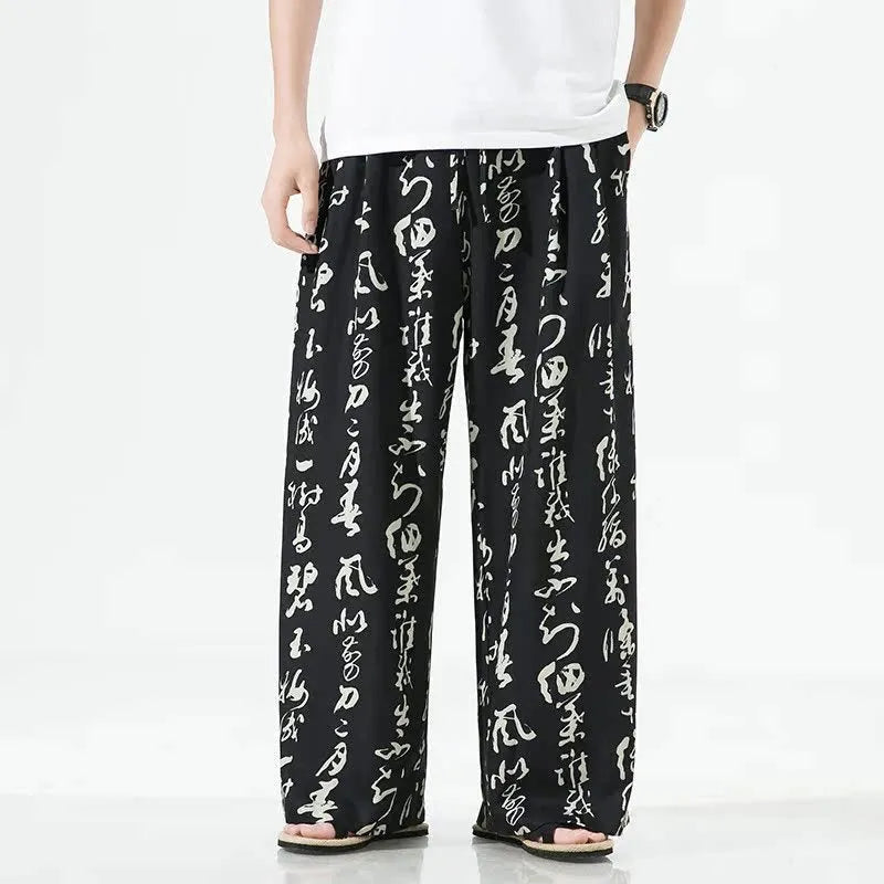 Mens straight-leg trousers in bamboo fibre and ice silk fabric, available in black and khaki colours