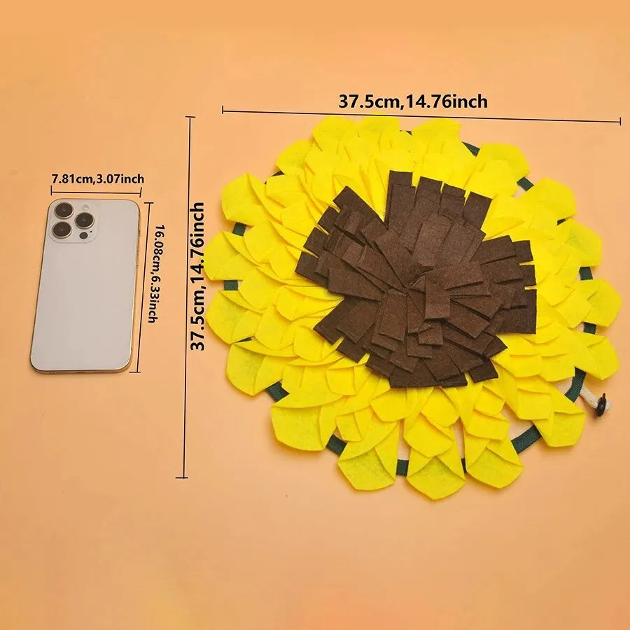 Yellow sunflower pattern dog snuffle mat with rope buckle for slow feeding and nosework games