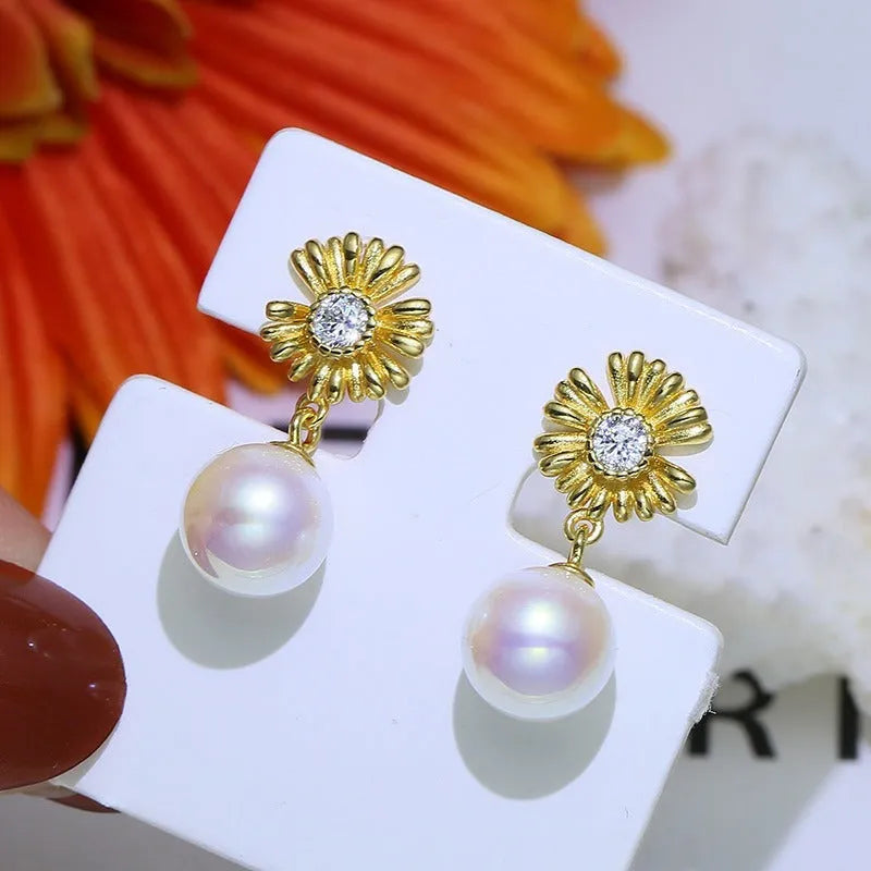 Baroque-style sterling silver flower earrings with an integrated ring holder loop on a white background.