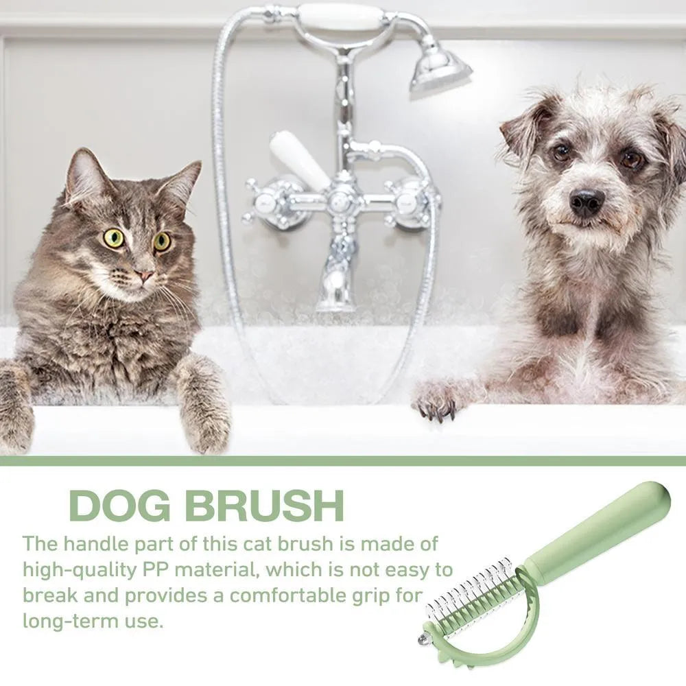 Blue dinosaur-shaped self-cleaning cat grooming brush with double-sided stainless steel pins