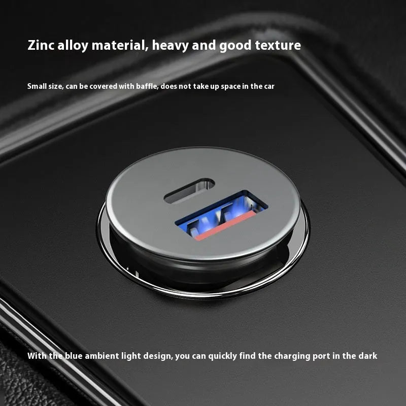 67.5W zinc alloy car charger with USB-A and USB-C ports, model SC-G03-67.5W, black