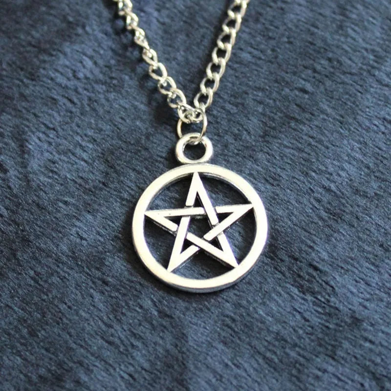Vintage pentagram pendant necklace on alloy adjustable chain, bronze colour