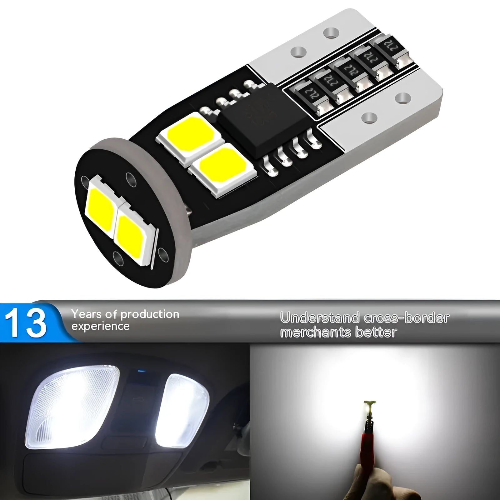 Small rectangular 12V LED car light for white licence plate illumination mounted on a fibre-glass board
