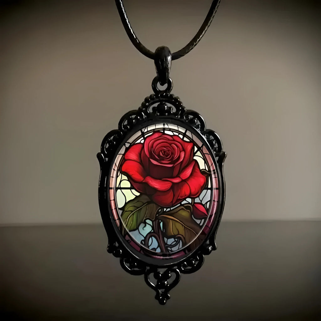 Gothic oval rose necklace for women in black with alloy chain and organic glass pendant