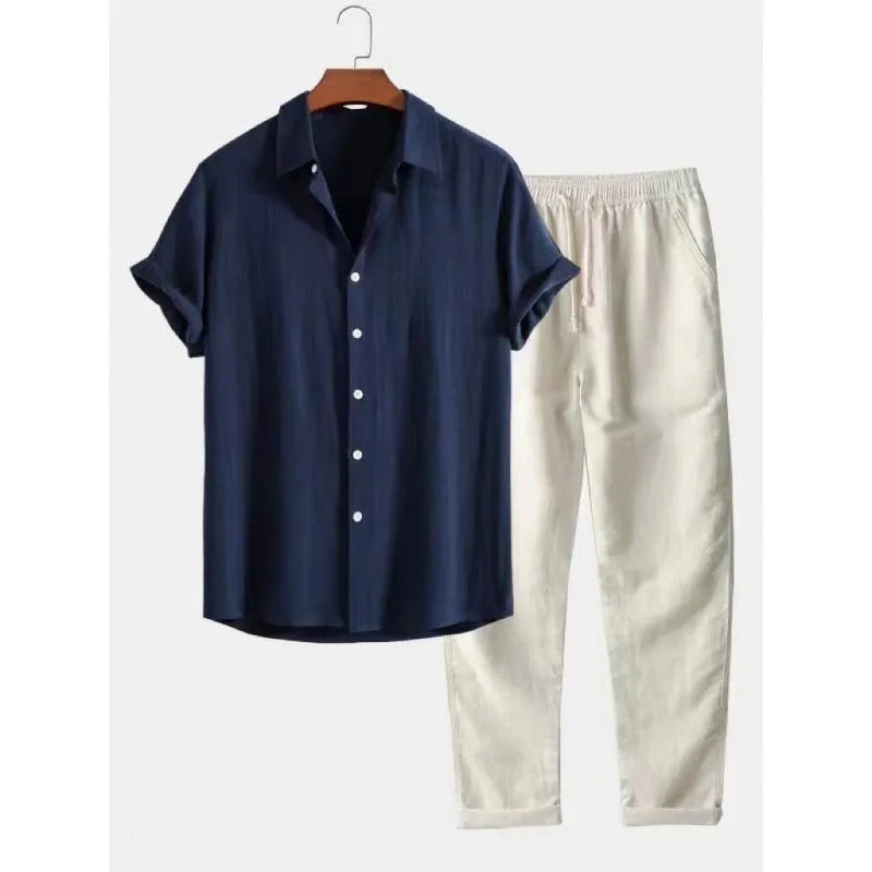 Men's casual loose fitting shirt and trousers suit in linen-style fabric available in multiple colours