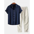 Men's casual loose fitting shirt and trousers suit in linen-style fabric available in multiple colours