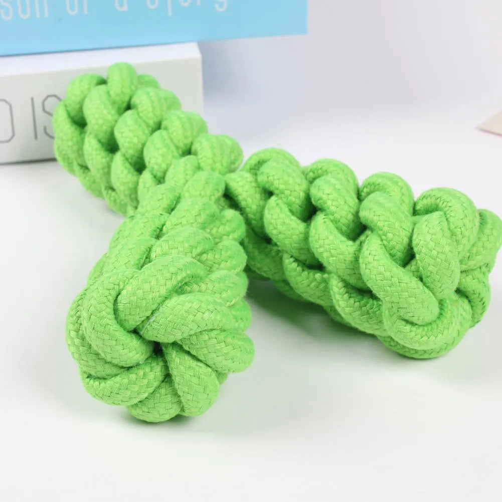 Blue Y-shaped cotton rope dog toy for large breeds on a wooden floor.