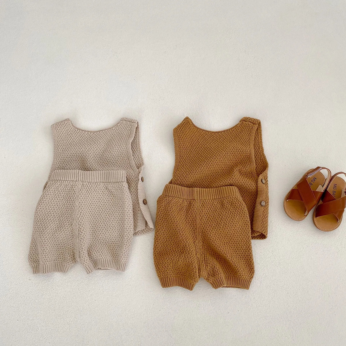 Baby cotton two-piece set with short-sleeved vest top and shorts in lead ancient grey or leaves yellow, sizes 66cm to 100cm