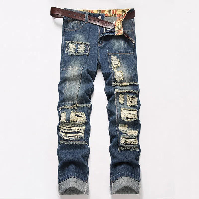 Men's straight wrinkle-resistant loose casual jeans in 2527 blue, mid waist zip fly, cotton material