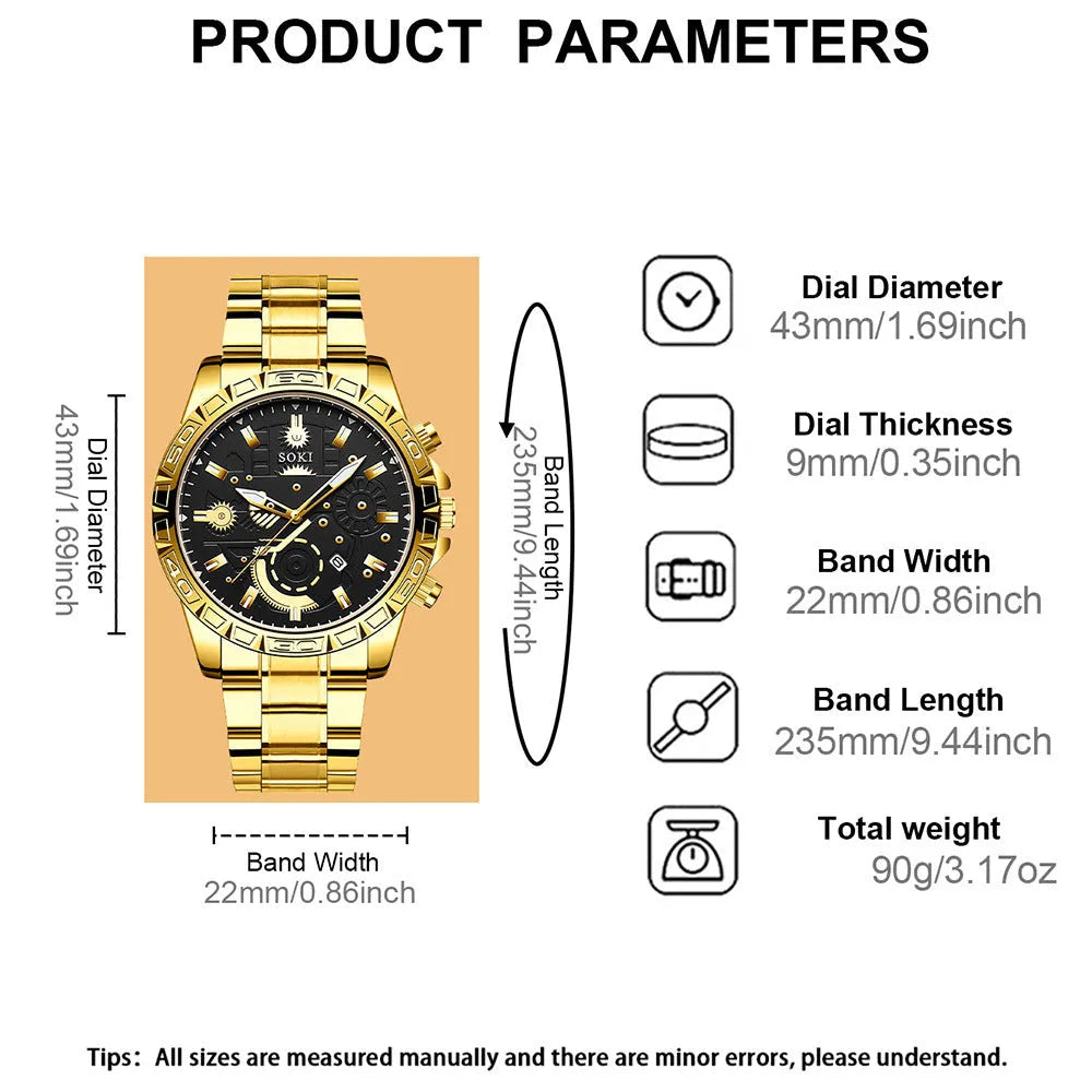 Men's gold stainless steel business quartz watch with date display on a metal bracelet.