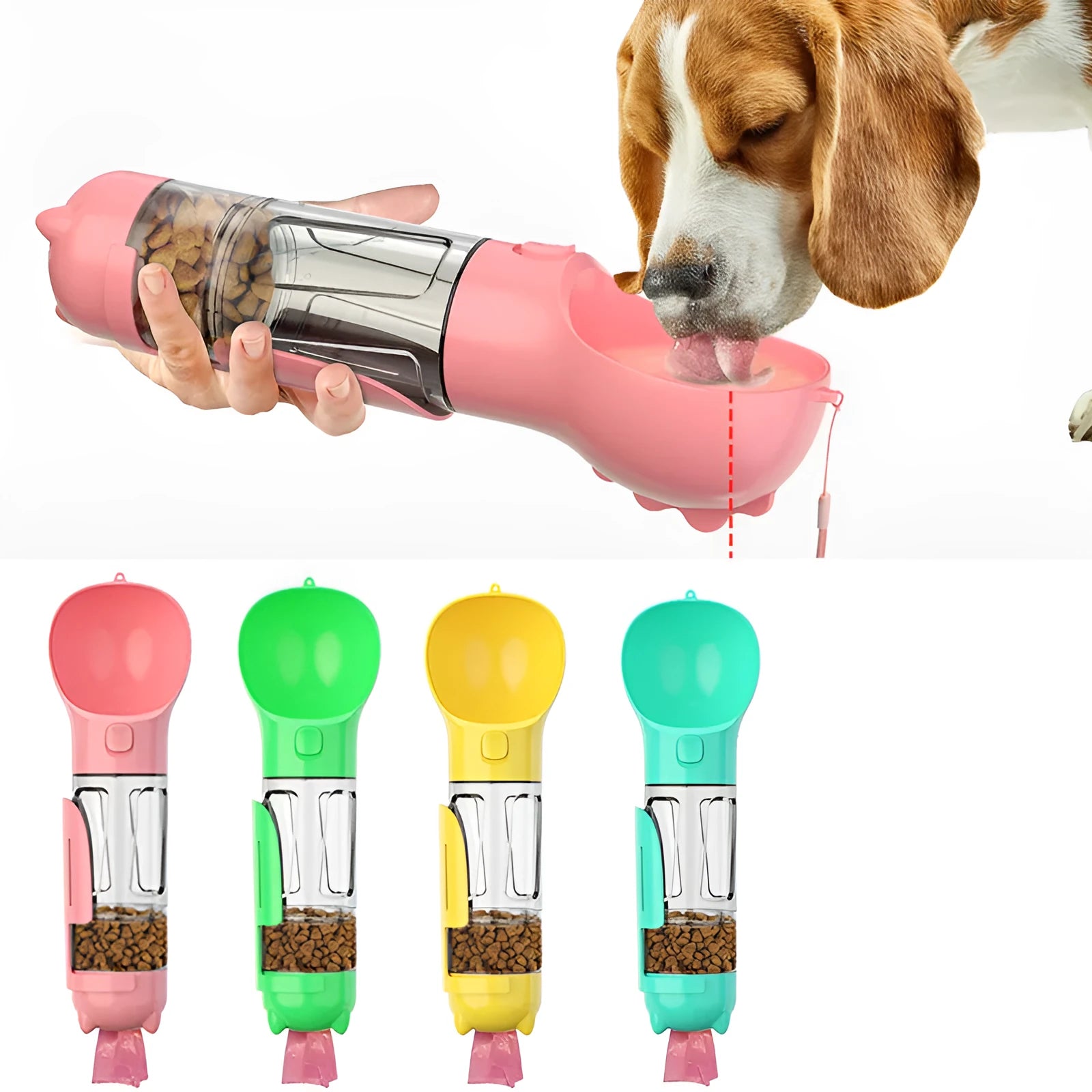 Portable 3 in 1 dog water bottle 500ml leak proof with treat holder and poop bag dispenser