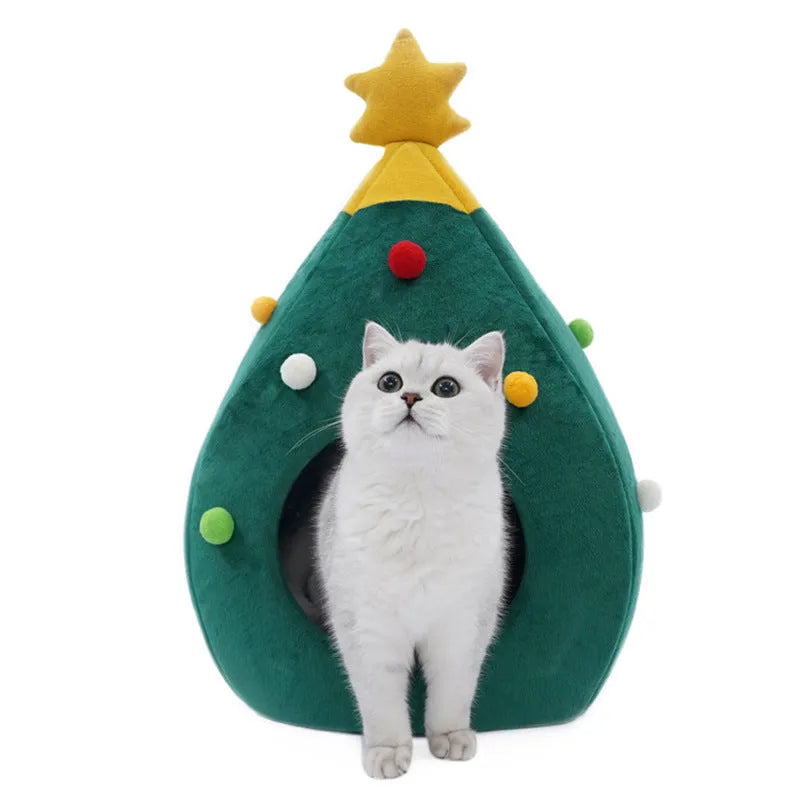 Plush teddy pet bed in Christmas tree cave shape with detachable and washable cover
