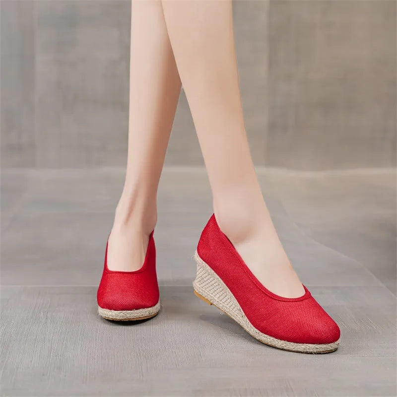 Women's high heel pointed straw wedge pumps in beige with cotton cloth upper and square toe