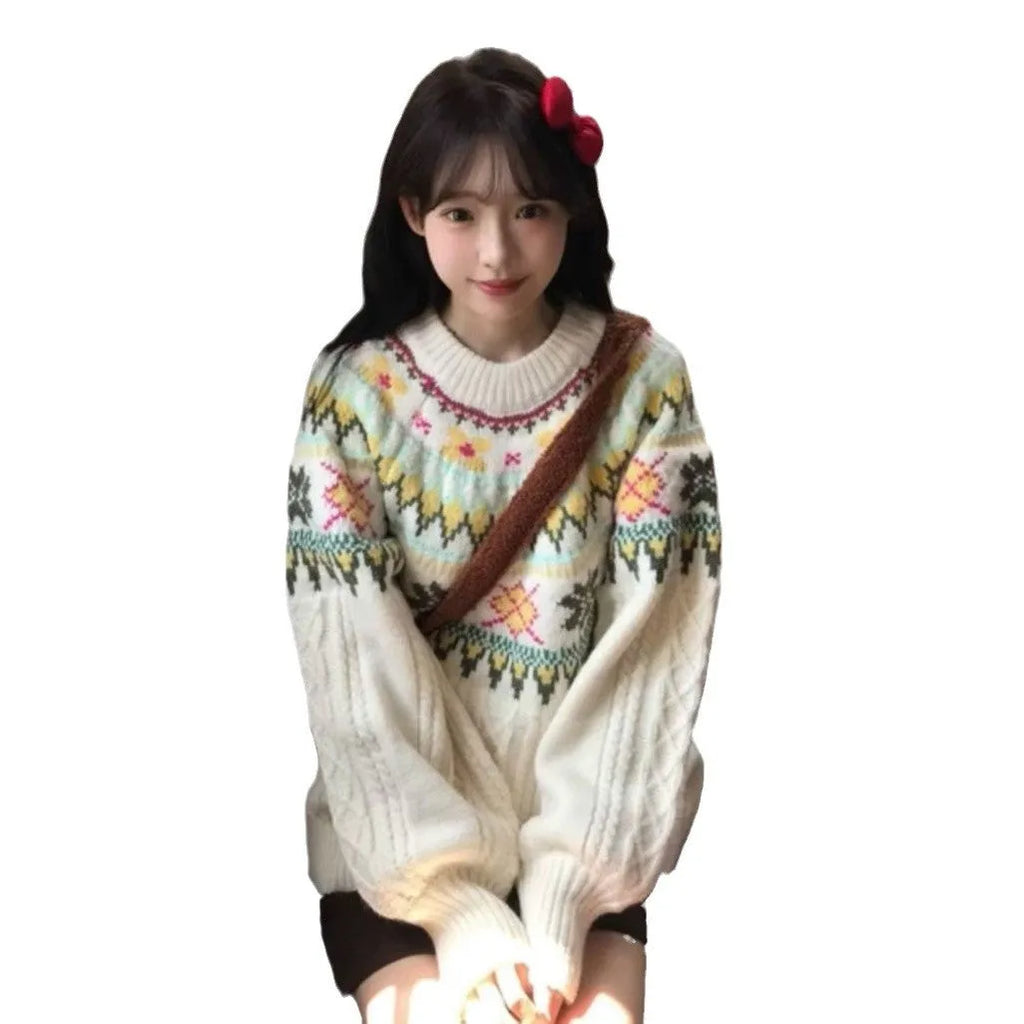 Women's milky white lantern sleeve acrylic knitwear pullover sweater on hanger