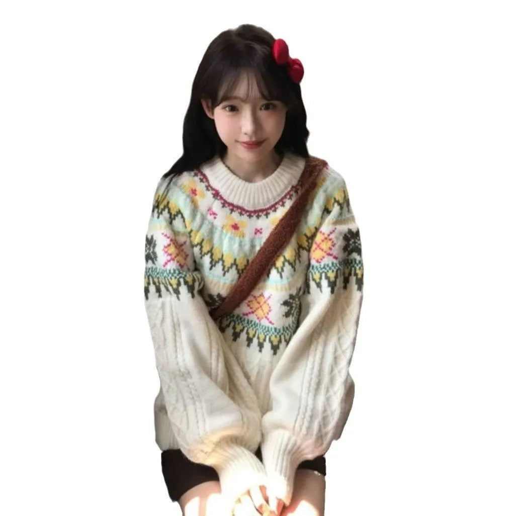 Women's milky white lantern sleeve acrylic knitwear pullover sweater on hanger
