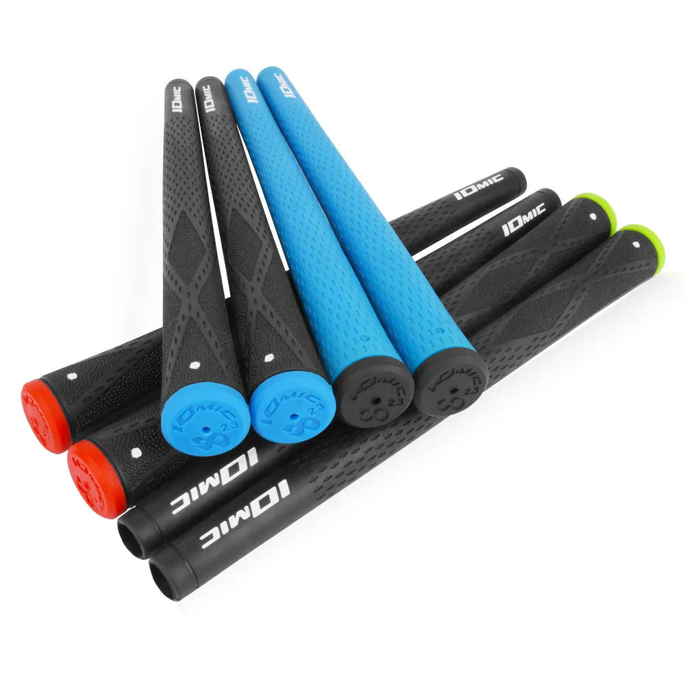 TPE golf club grip in assorted colours including pink, red, blue, white, and black with coloured heads.