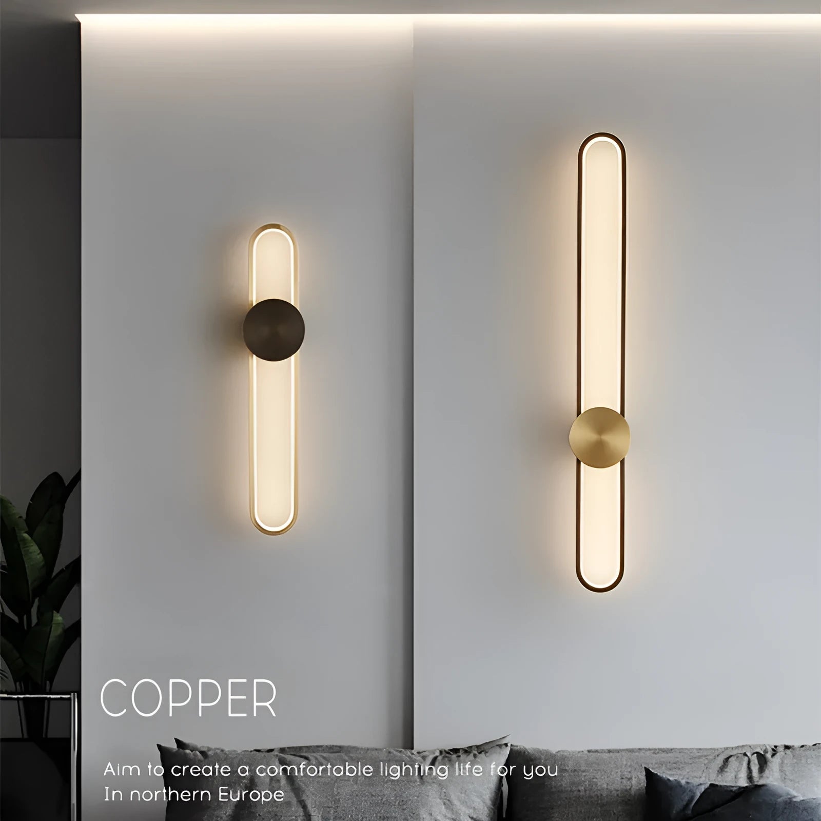 Modern minimalist wall lamp with 60cm round iron frame in black or gold finish