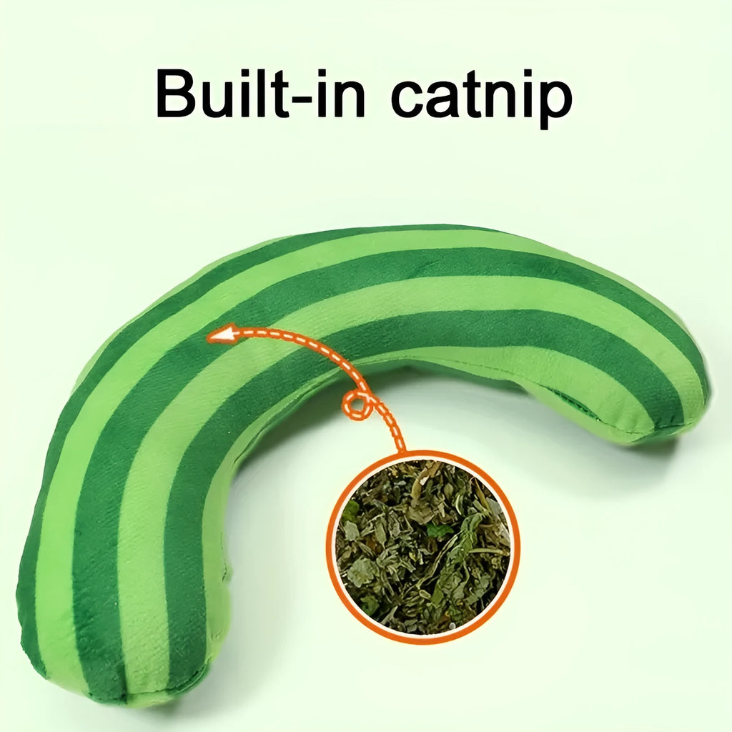 Set of four cat noise toys with striped pattern pillow measuring 23cm