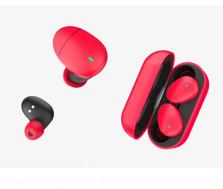 Flame red Qualcomm TWS 3040 Bluetooth earbuds with charging cable