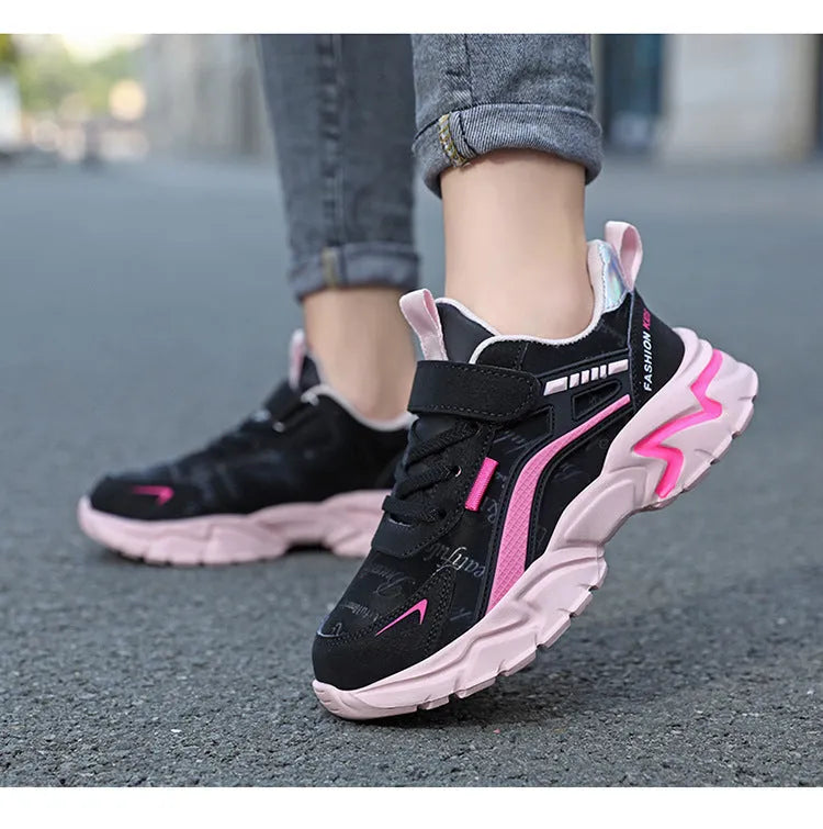 Waterproof leather girls casual sneaker with Velcro fastening, pink upper, and non-slip MD sole