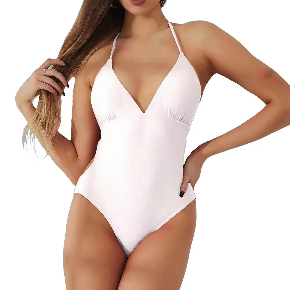 Women's solid colour nylon one-piece backless high-waist swimsuit for swimming