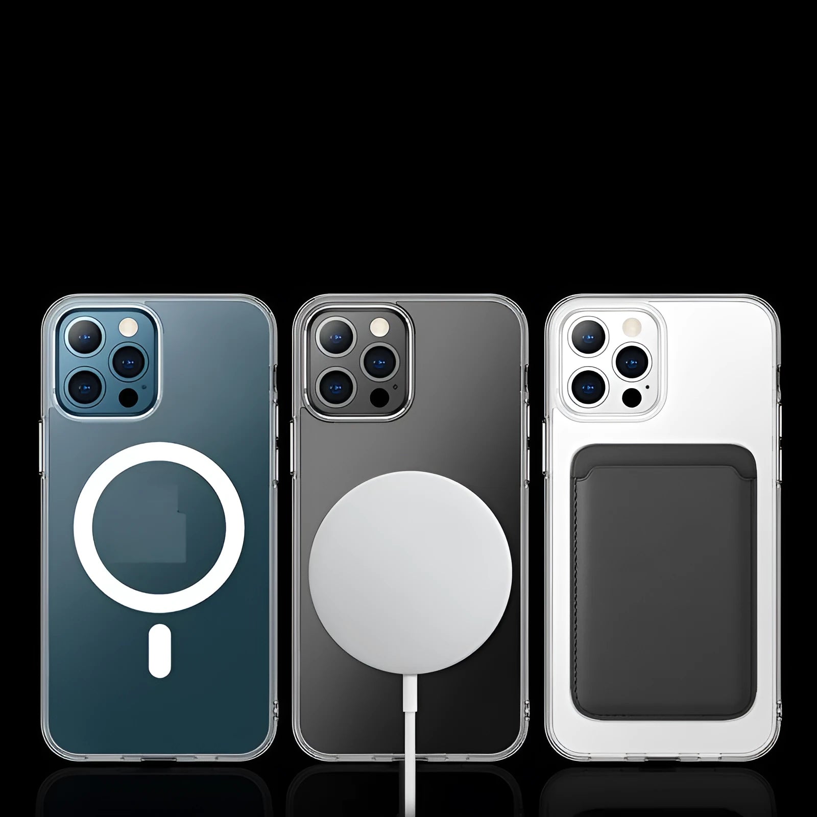 Clear magnetic back cover case for iPhone on a table, showing MagSafe ring and raised screen edge.