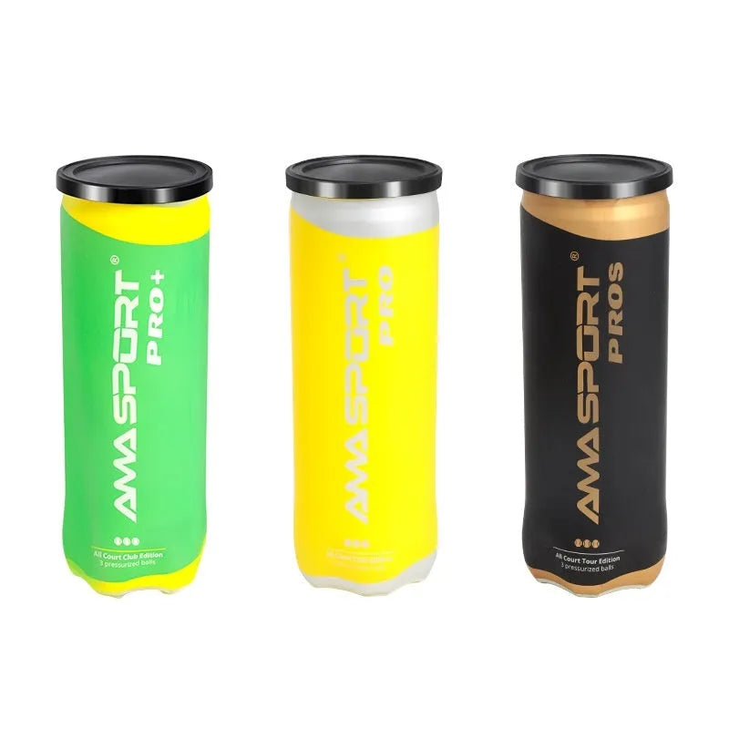 Three cage plate tennis training balls in black, green and yellow colours