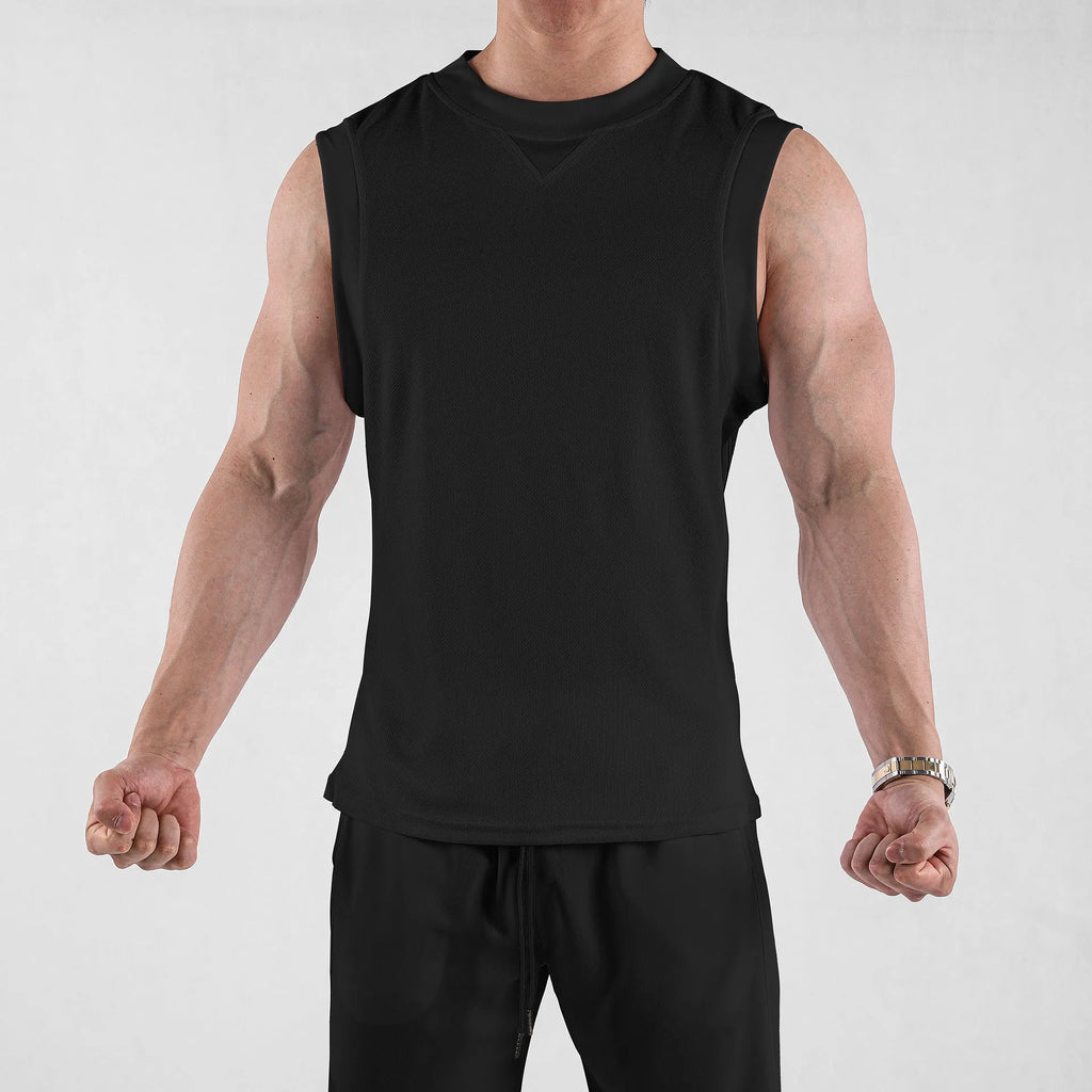 Men's loose fit quick-dry fitness vest in black and white, made from polyester blend fabric for summer sports.