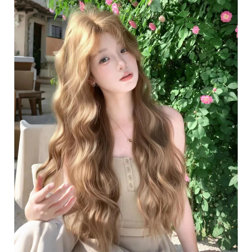 Medium long curly brown wig in linen colour made from high-temperature synthetic fibre