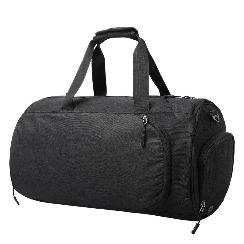 Oval-shaped medium travel bag in light grey with multiple internal compartments for wet-dry separation and organisation.