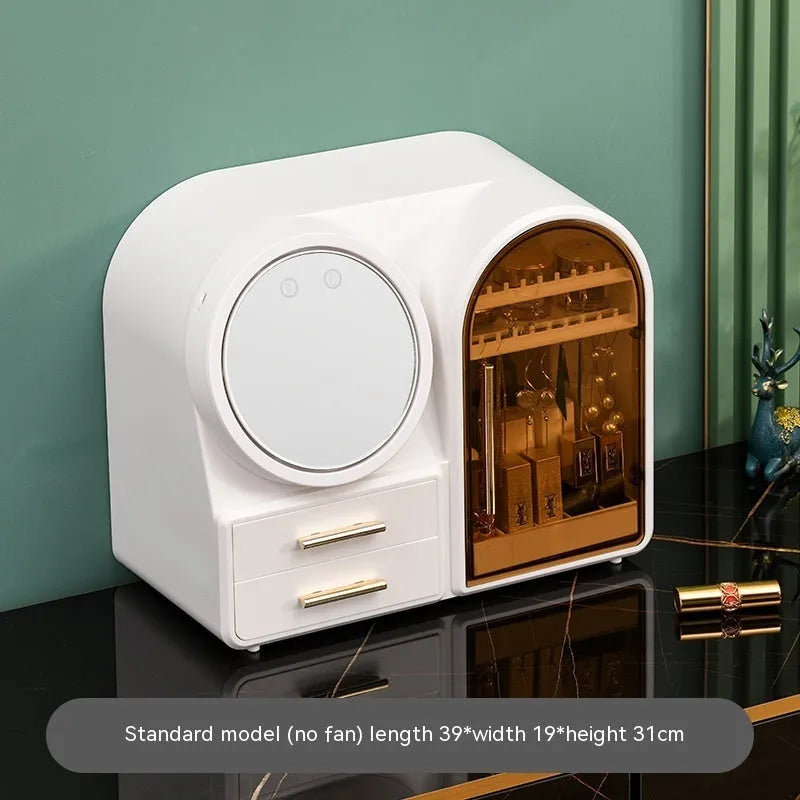 Plastic cosmetics storage rack with LED mirror and fan in milky white colour, 35L capacity for makeup organisation