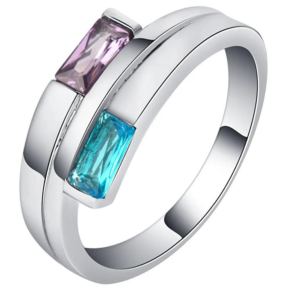 Silver colour copper electroplated ring with zircon inlay decoration showing European and American style design