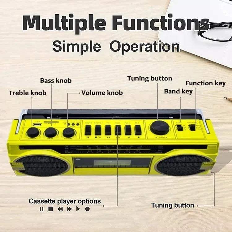 Antique four band recorder radio with USB interface, manual tuning, mono sound, 35x11x13cm, blue or red