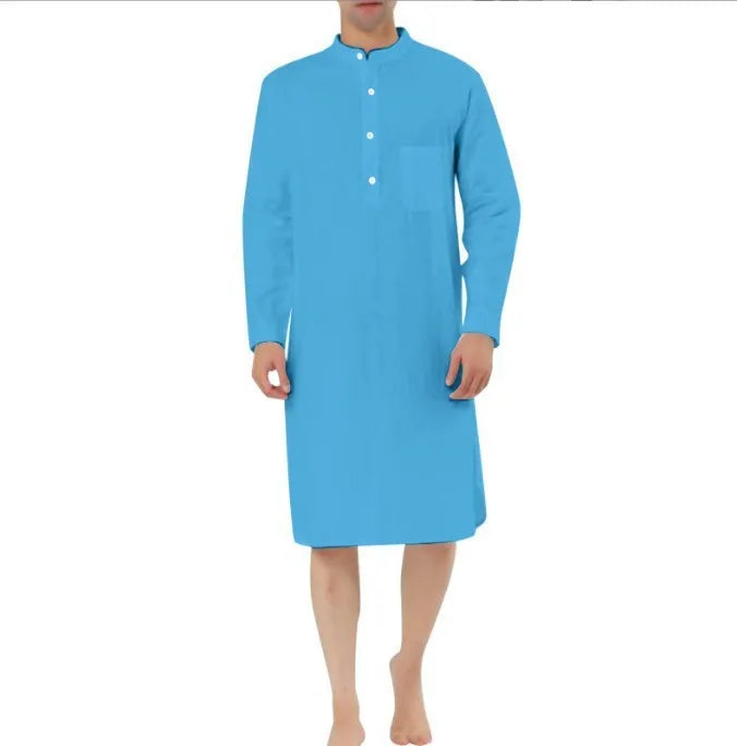 Men's cotton shirt robe with multiple pockets shown in available colours with shirt-style closure