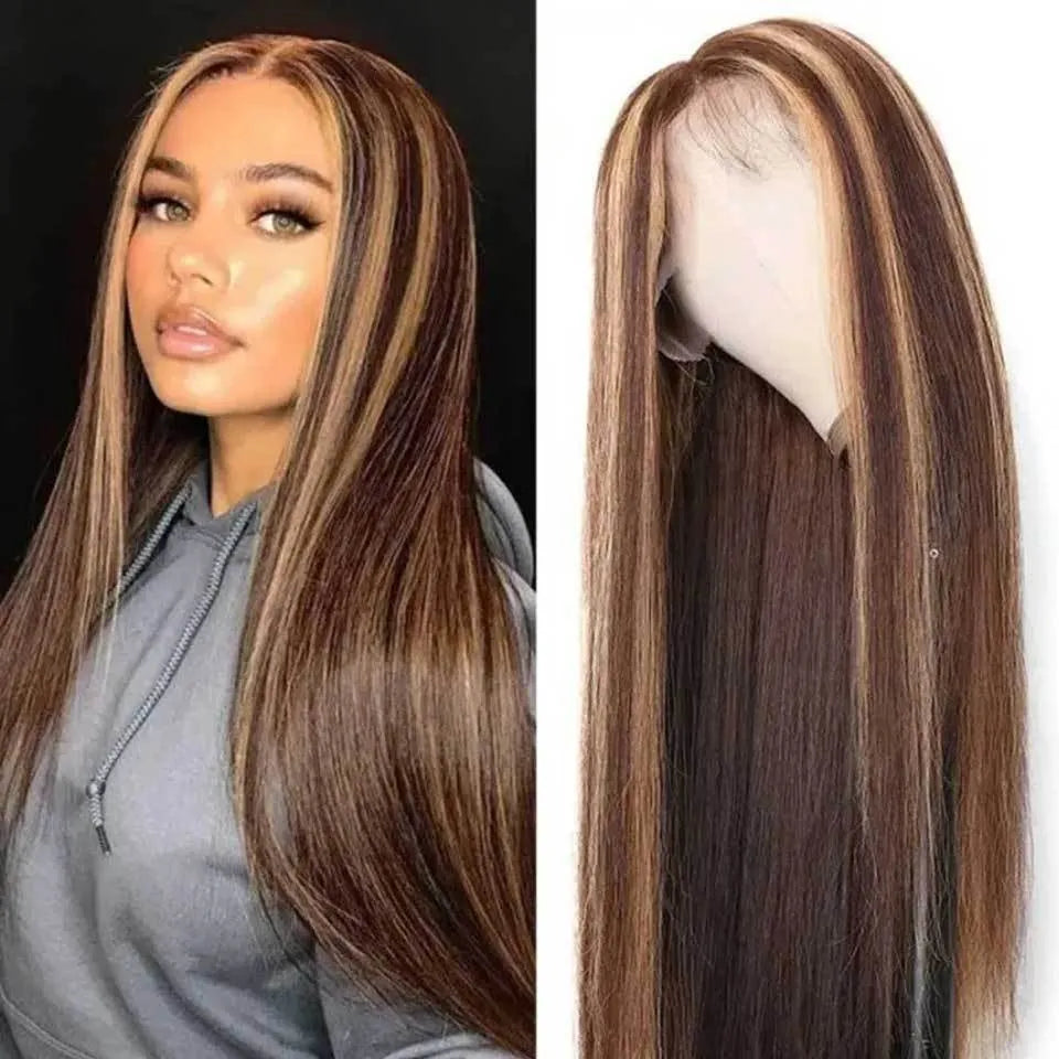 Front lace human hair headgear wig in 4/27 colour with T-shaped hand-woven base, 150 density, 16 inch length