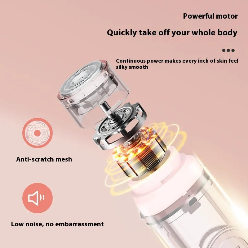 Portable white electric body hair trimmer with floating blades and USB charging cable